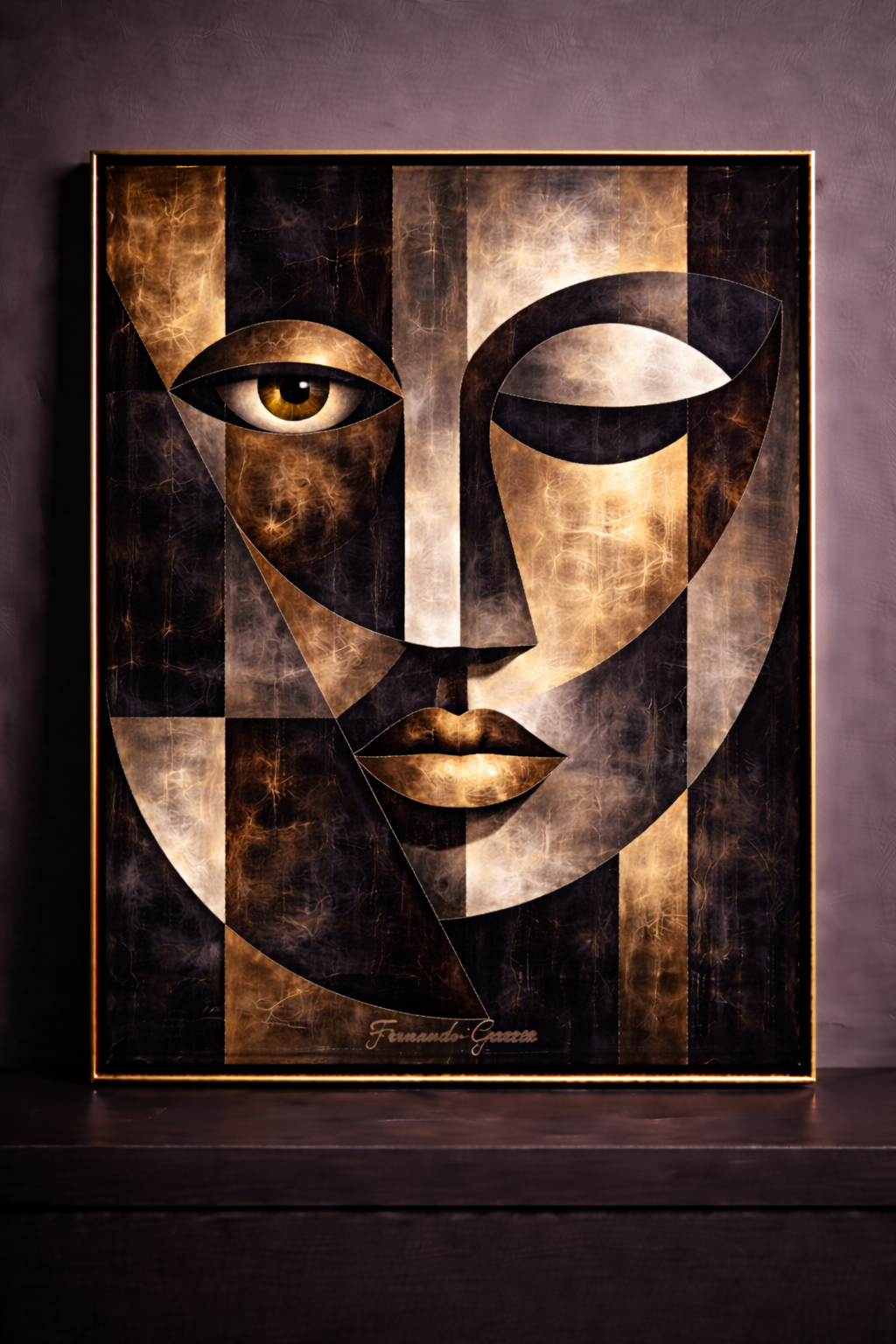 Abstract cubist face in gold frame