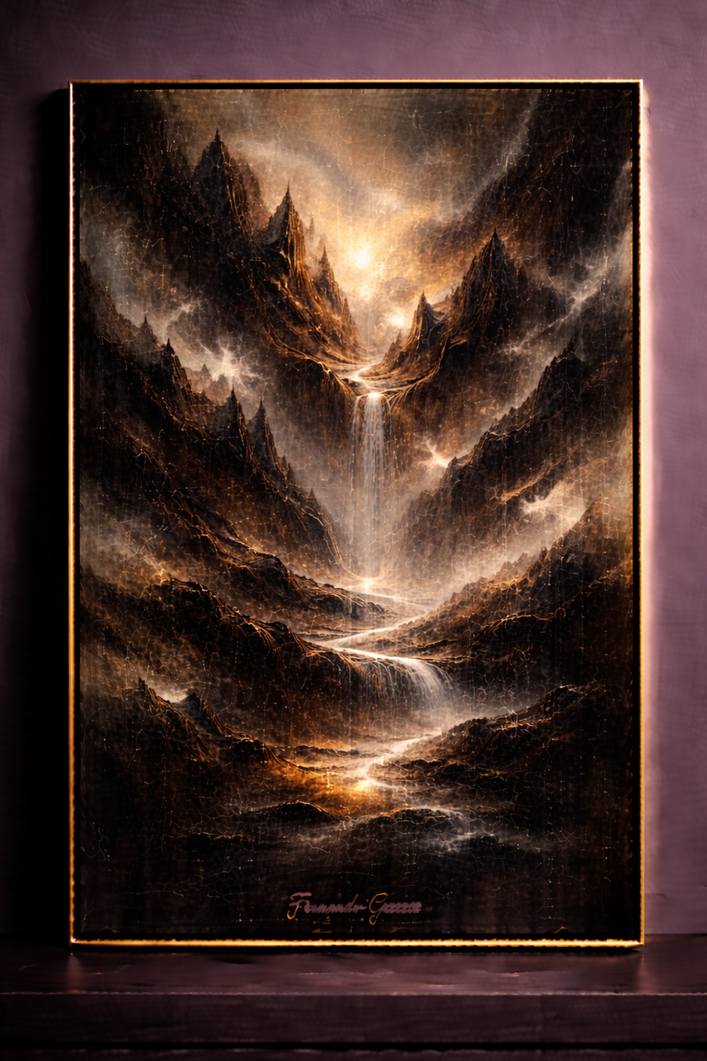 Dramatic landscape with glowing waterfall