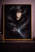 Enigmatic woman with ravens in shadows
