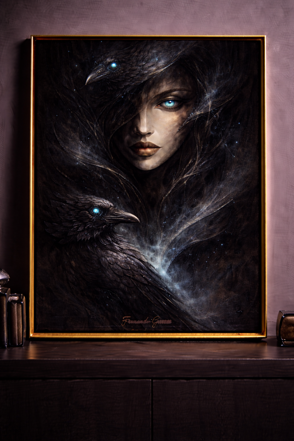 Enigmatic woman with ravens in shadows
