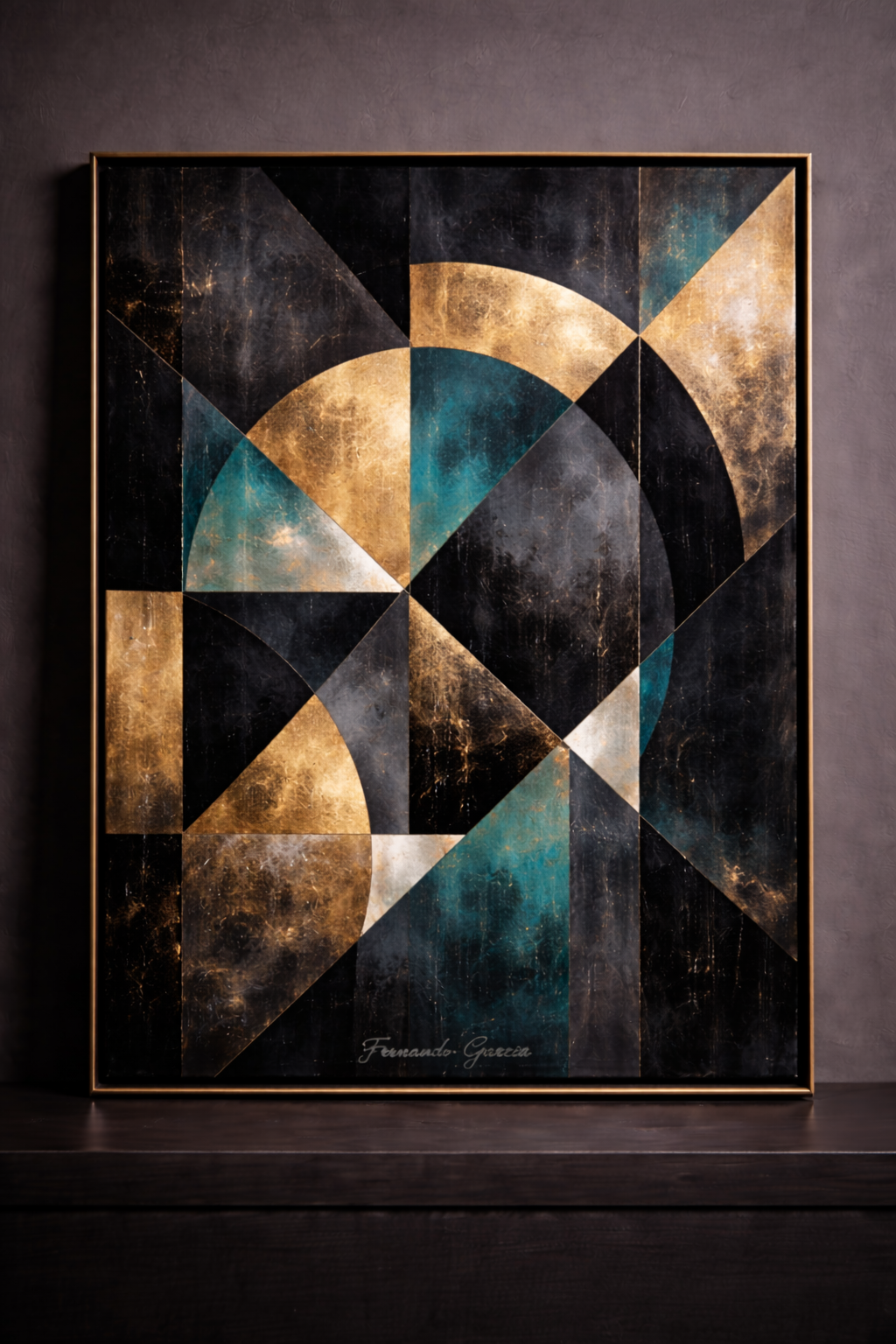 Geometric abstraction with textured gold accents